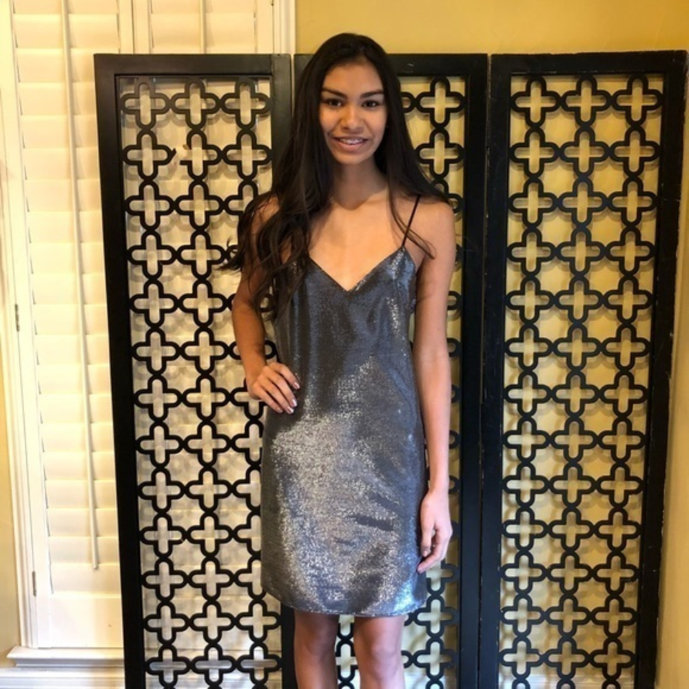 NWT ZARA METALLIC SHINY SILVER SPAGHETTI STRAP COCKTAIL‎ DRESS Size Small